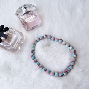 Blue Pink Cream Floral Printed Clay Bead Bracelet